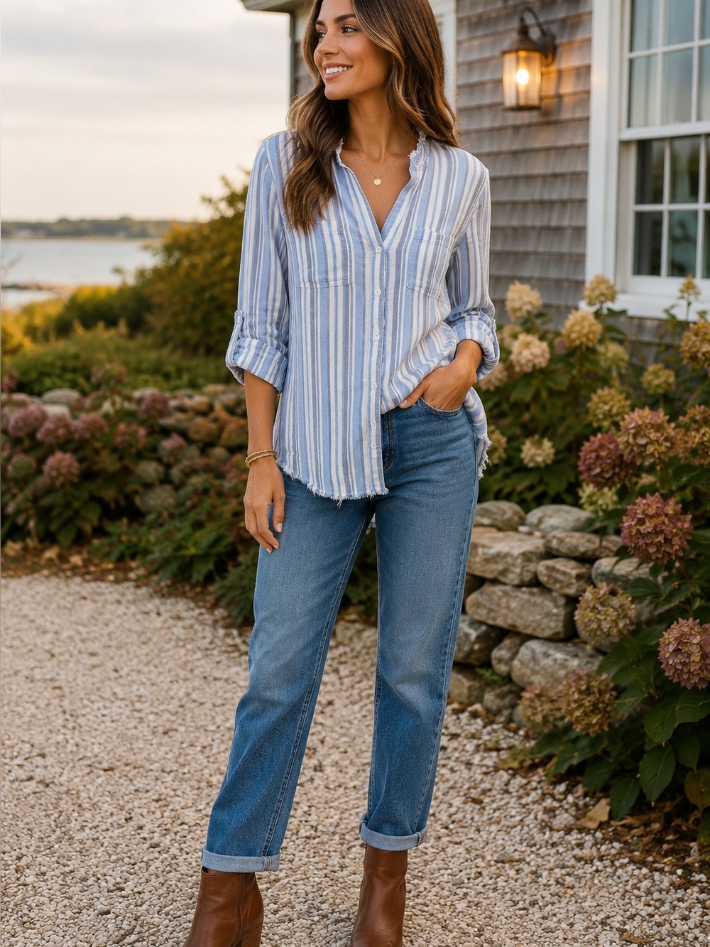 Cloth & Stone Blue White Striped Linen Blend Raw Hem Shirt XS